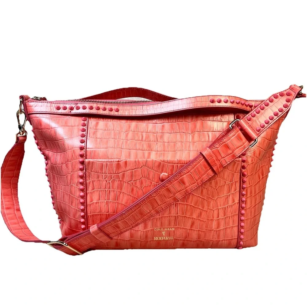 Cole‎ Haan x Rodarte Soft Satchel Croc Embossed Leather Pink Large Shoulder Bag